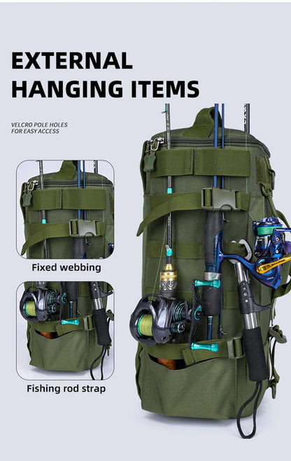 Tactical Fishing Backpack – Multifunctional Tackle Bag with Rod Holders, Molle Storage for Fishing, Camping & Hiking