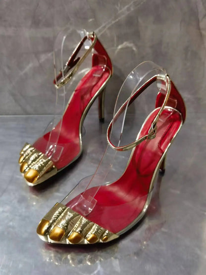 Gold Five-Toe High-Heel Sandals for Women - Slim Ankle Strap Dress Slippers
