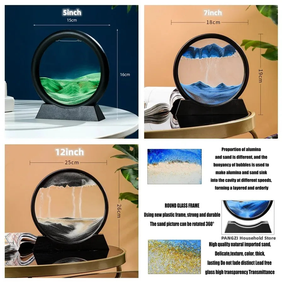 3D Round Glass Deep Sea Sandscape - Moving Sand Art Hourglass, Flowing Quicksand Craft Painting for Office and Home Decor