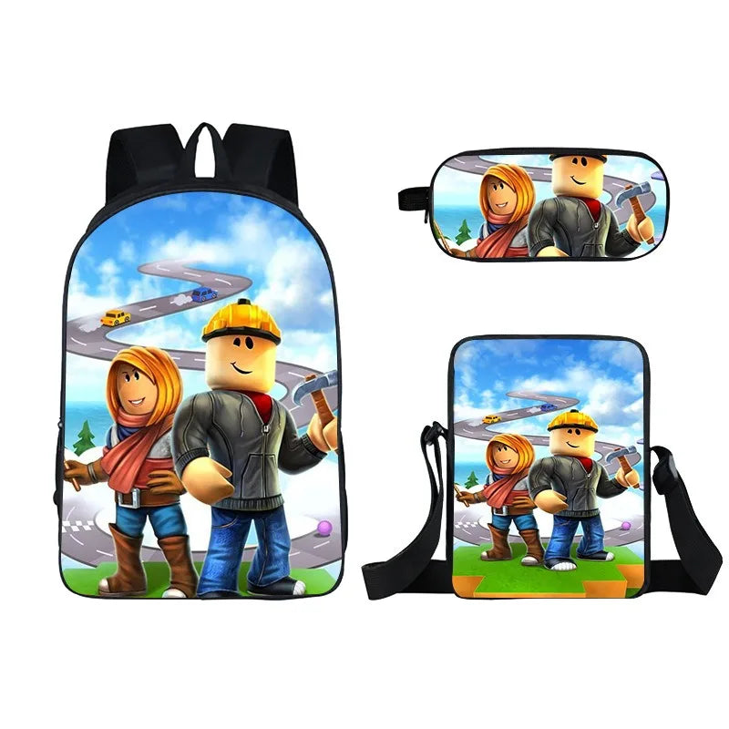Kids Roblox 3-in-1 Backpack Set — School Bookbag, Shoulder Bag & Pencil Case Waterproof Travel Bag for Teens