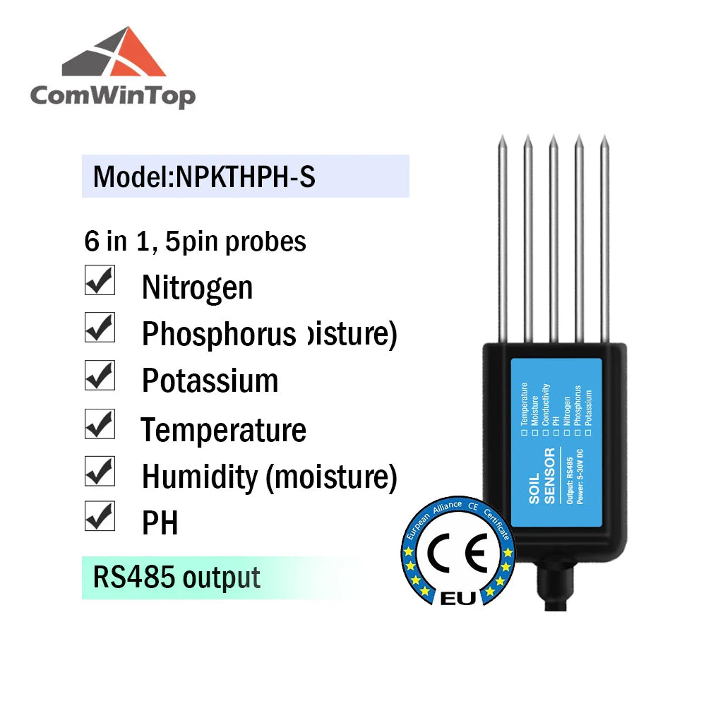 7-in-1 Soil Moisture, Temperature, Humidity, EC, pH & NPK Sensor with RS485, 4-20mA or 0-5V Output