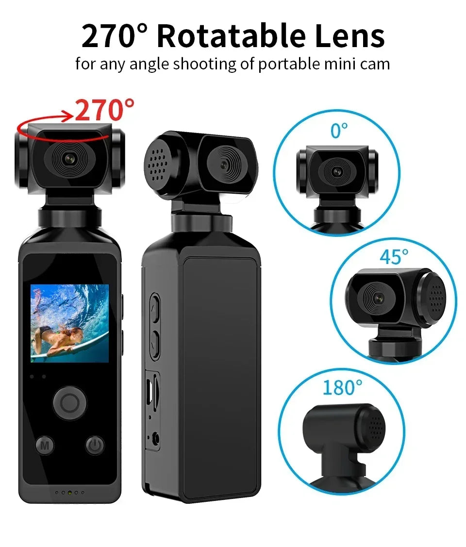 4K Ultra HD Pocket Action Camera — 270° Rotatable Vlog Sports Cam with WiFi, Waterproof Case & Helmet Mount
