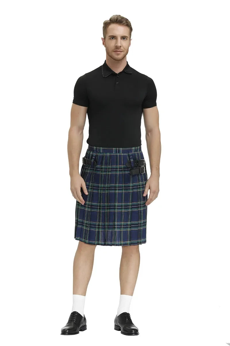 Scottish Men's Traditional Kilt - Highland Tartan Pleated Kilt with Bilateral Belt for Males