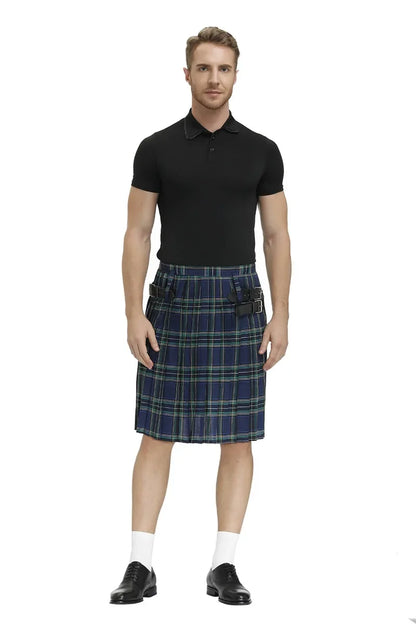 Scottish Men's Traditional Kilt - Highland Tartan Pleated Kilt with Bilateral Belt for Males