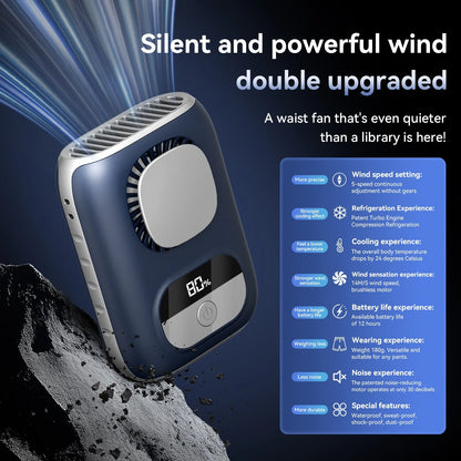 Portable 3CM Clip-On Waist & Neck Fan – 6000mAh Rechargeable Personal Fan with LED Display, 5 Speeds, 12H Battery Life, 40000RPM Strong Airflow & Lanyard
