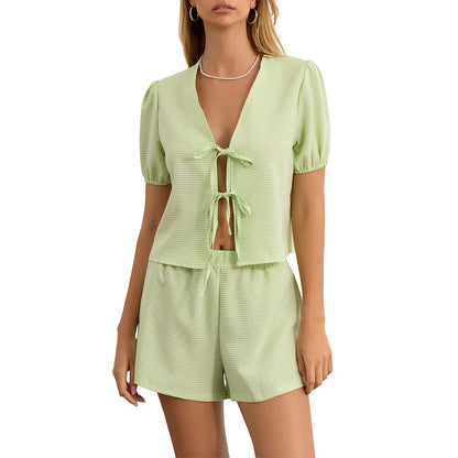 Maemukilabe Y2K Vintage Plaid 2-Piece Set for Women – Loose V-Neck Puff Sleeve Tie-Up Blouse & Shorts Lounge Matching Outfit