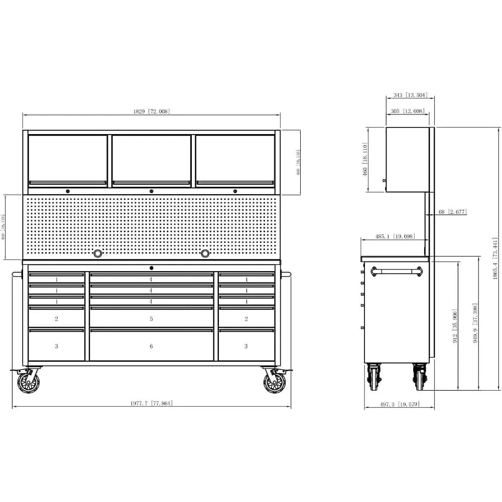 72-Inch Tool Chest Tool Box with 15 Drawers & 3 Upper Cabinets - Mobile Rolling Cabinet with Wheels, SS Pegboard, Locking Key Storage