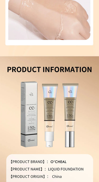 Ocheal 30g CC Cream Foundation – Waterproof Concealer, SPF 50+ Moisturizing Sunscreen, Long-Lasting Brightening Makeup Primer