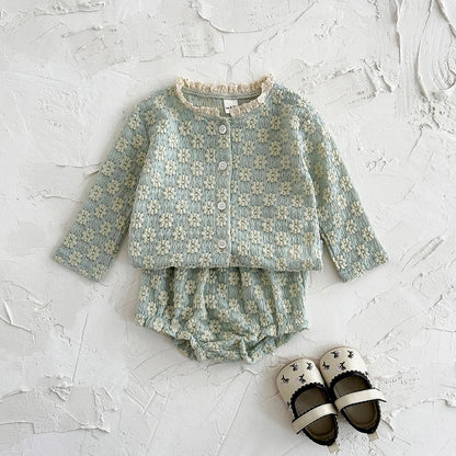 Summer European Style Baby Onesie Set – Floral Embroidery Long Sleeve Top & Shorts, Breathable 2-Piece Outfit