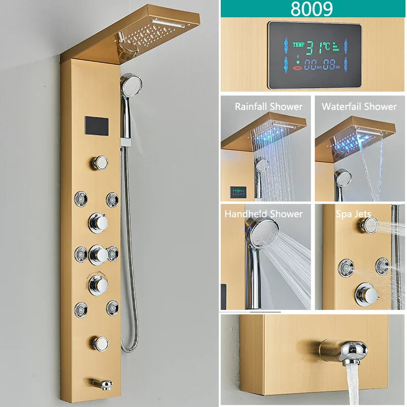 LED Light Bathroom Shower Faucet Set - Rainfall Shower Panel System with Temperature Display, Water Mixer Tap, and SPA Massage Feature