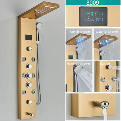 LED Light Bathroom Shower Faucet Set - Rainfall Shower Panel System with Temperature Display, Water Mixer Tap, and SPA Massage Feature