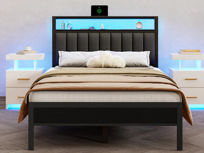 Full/Queen LED Bed Frame – Platform Bed with Soft Cushioned Headboard and Built-In Charging Station