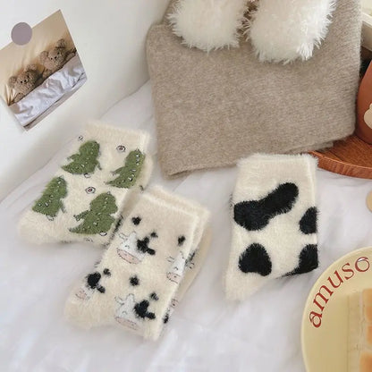 Cartoon Cow Mink Velvet Socks — Cute Cloud Plush Medium Tube Winter Socks for Women, Soft Indoor Stockings
