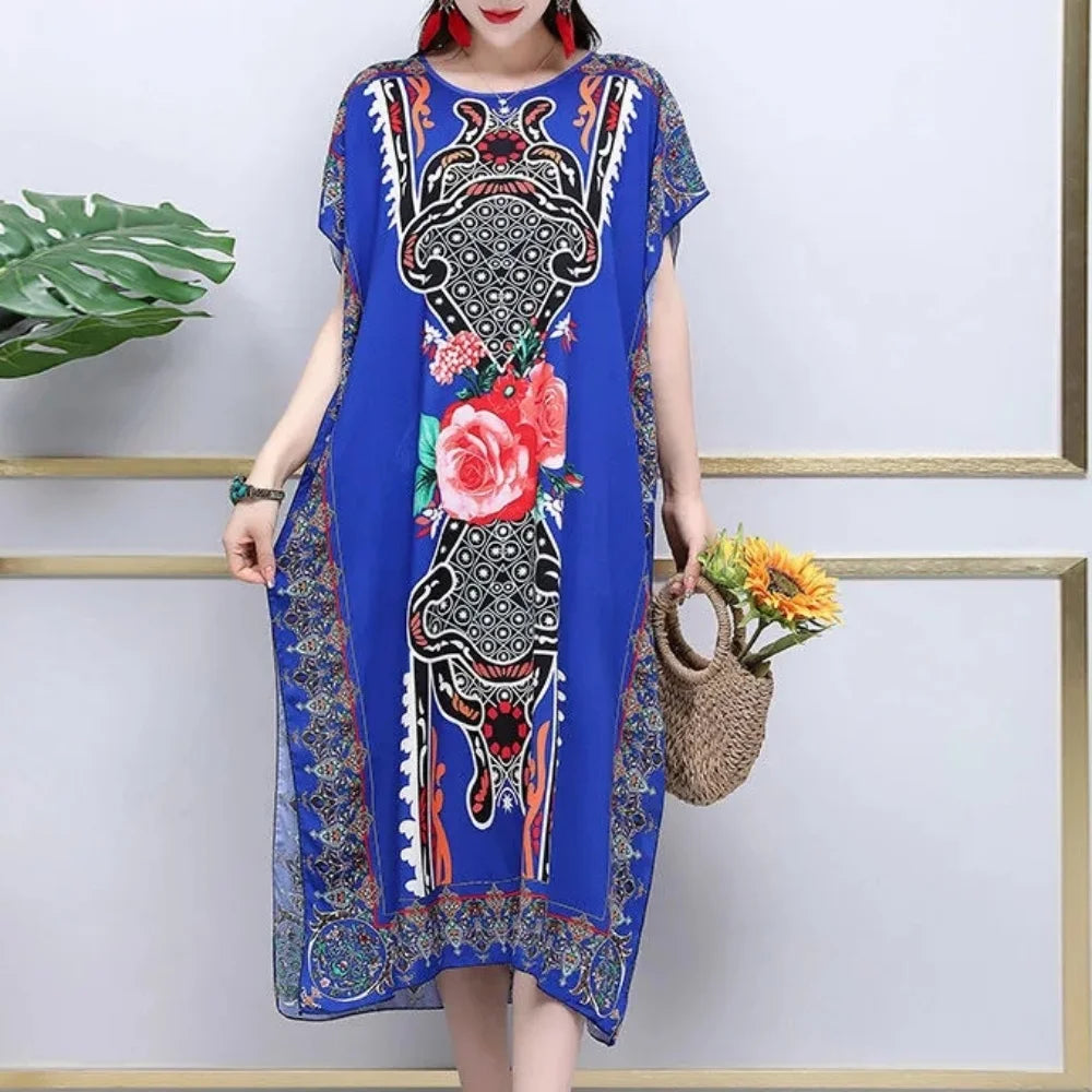 Women’s Bohemian Floral Tunic Dress - Retro Ethnic Print Batwing Sleeve Loose Summer Maternity Streetwear