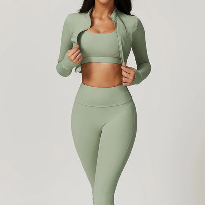 3PCS Women’s Yoga & Workout Set – Long Sleeve Zipper Top with High Waist Leggings Fitness Sportswear