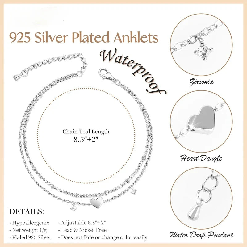 925 Silver Plated CZ Anklet Bracelet – Waterproof Heart Charm Dainty Layered Chain Anklet for Women & Girls Jewelry Gift