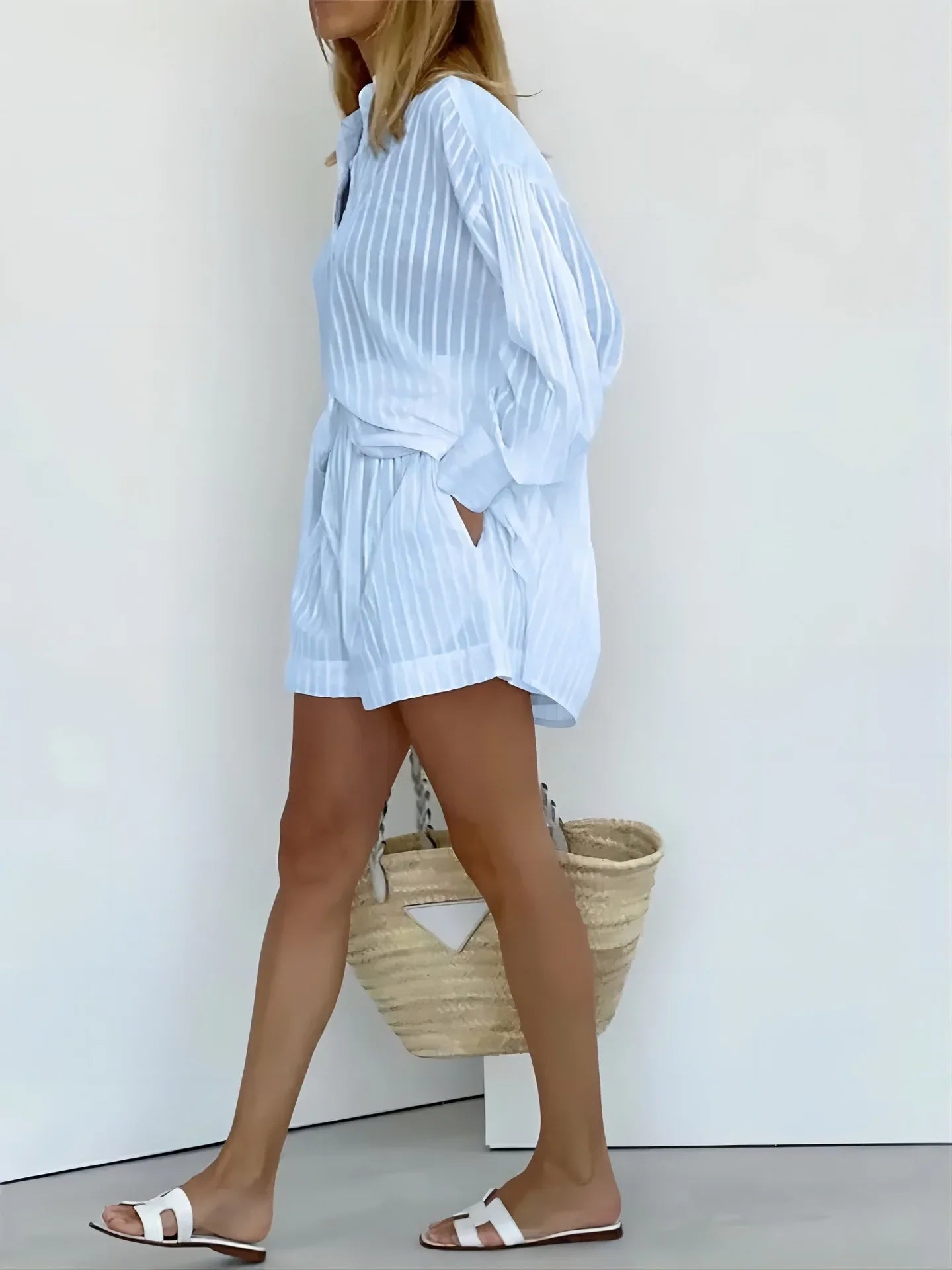 2024 Women’s Two-Piece Set – Solid Cotton Stripe Long Sleeve Shirt & Shorts, Spring/Summer Casual Outfit