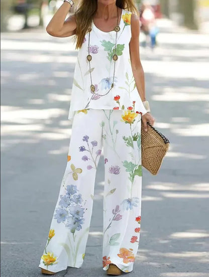 Women Printed 2-Piece Summer Suit Set – Sleeveless Round Neck Top & Wide Leg Pants Casual Loose Fit Outfit