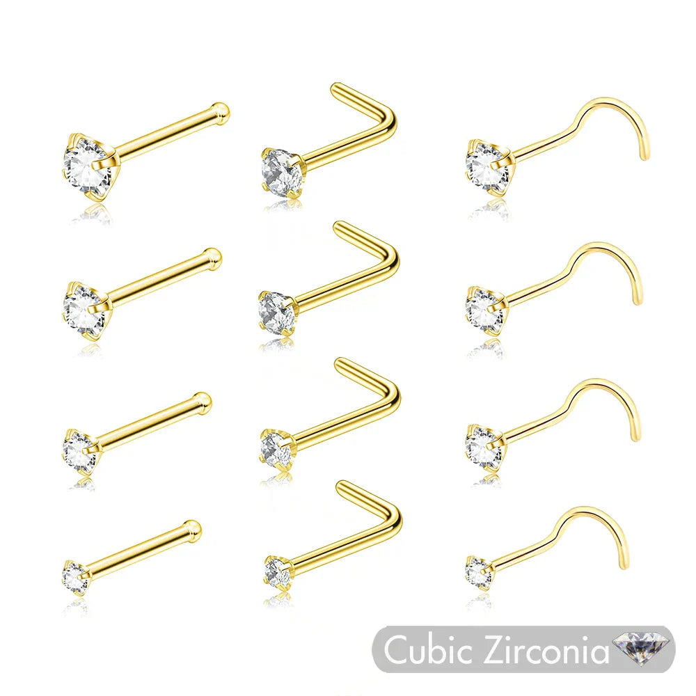 5PCS Stainless Steel Nose Ring Studs — Crystal Nostril Piercing Jewelry for Women & Girls, 1.5/2.0/2.5/3.0mm, 20G
