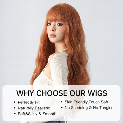 Copper Ginger Red Brown Synthetic Wig – Long Fluffy Wavy Wig with Bangs, Heat-Resistant Cosplay & Daily Wear Hair for Women