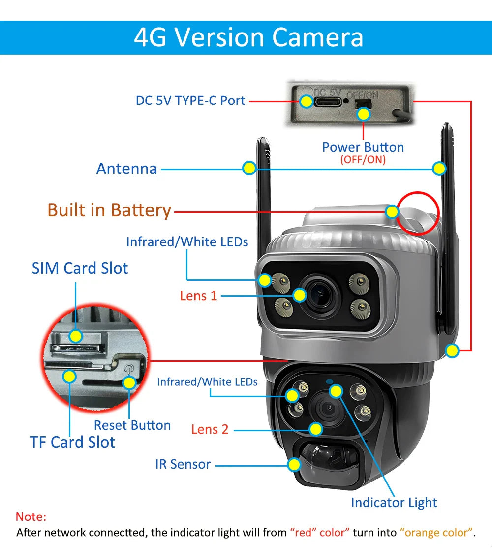 V380 Dual-Lens 4G Security Camera — 8MP 4K Solar IP Cam with PIR Motion Detection, Night Vision, Waterproof, Battery-Powered CCTV Monitor
