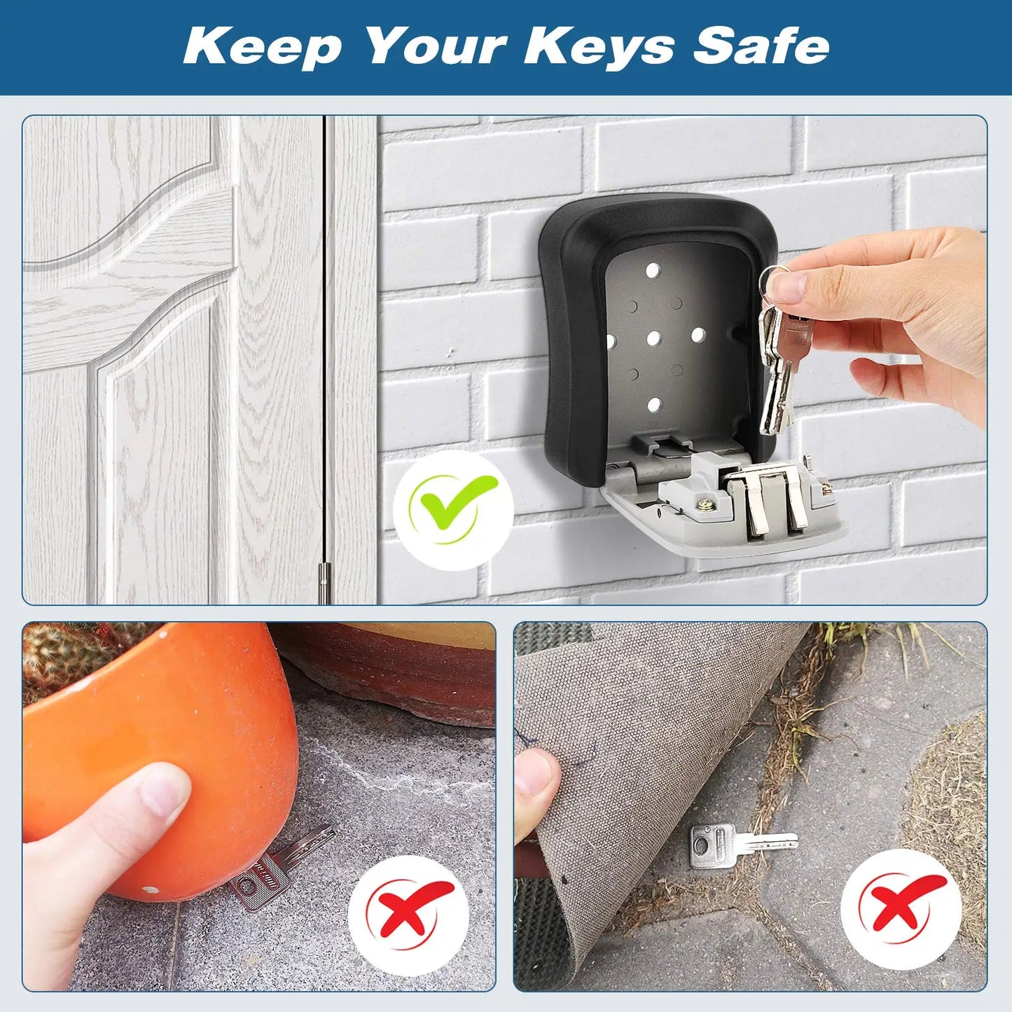 Wall Mount Key Lock Box - 4 Digit Password Code Security Lock for Home Office, Key Safe Secret Storage Box Organizer, No Key Needed