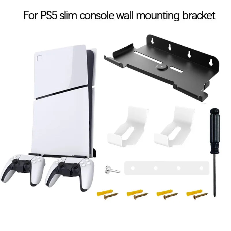 Wall-Mounted PS5 Slim Console Stand – Holder with 2 Controller Hooks & Punch Alignment Sticker, Easy Installation