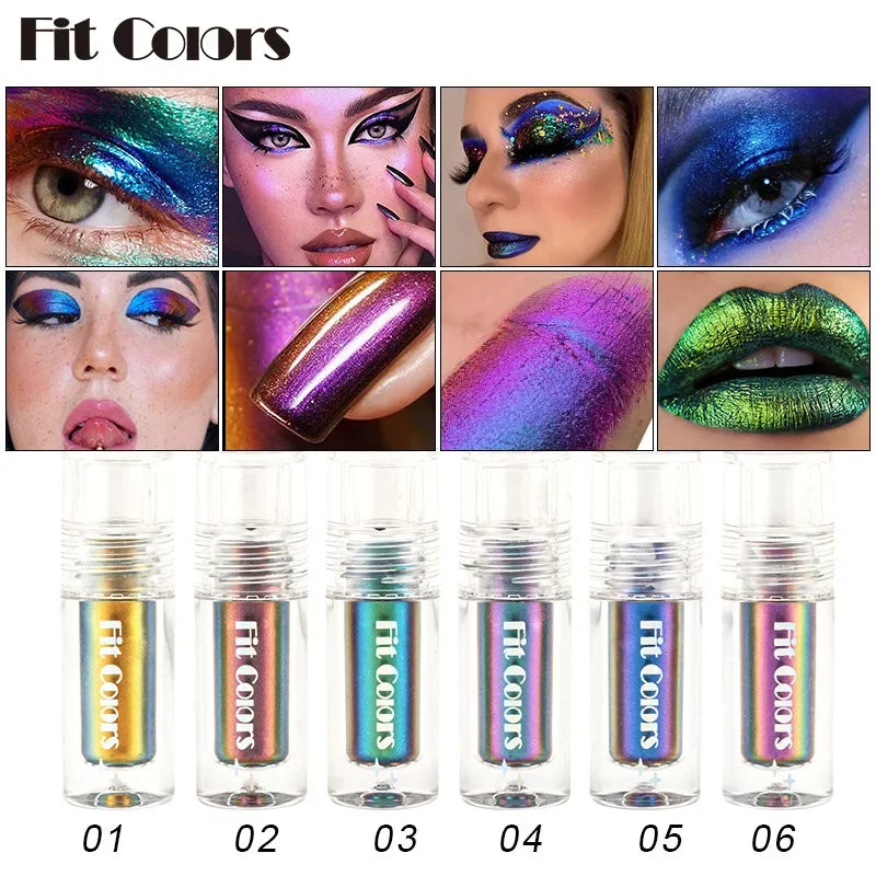 6 Color Shiny Metallic Glossy Face Decorating Liquid – Eyeshadow, Lipgloss, Metallic Lipstick, Chameleon Eye Glitter Pigment