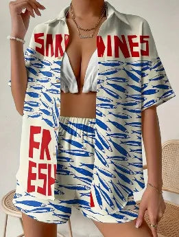 Women’s Summer 2-Piece Set – Lapel Short-Sleeve Shirt & Shorts, Elegant Loose Printed Outfit