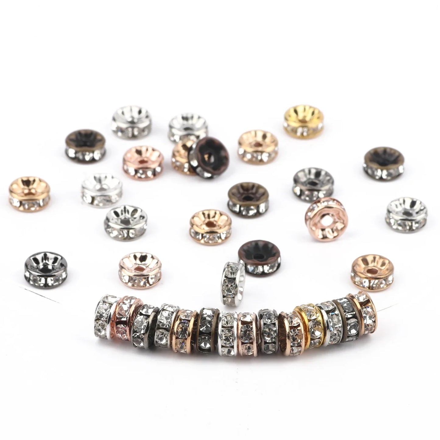 50PCS Rhinestone Spacer Beads Set – Multi-Color Crystal Rondelle Metal Beads for DIY Jewelry & Bracelet Making