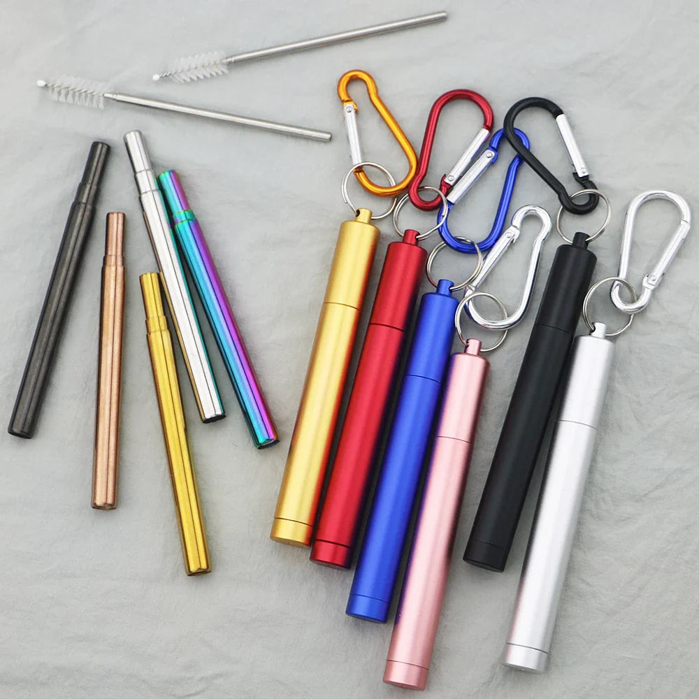 Reusable Telescopic Stainless Steel Straw Set - Collapsible Metal Straw with Cleaning Brush & Carry Case, Portable Drinking Solution