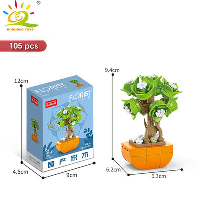 HUIQIBAO MOC Flower & Succulent Potted Building Block Set – DIY Eternal Bouquet, Home Desk Plant Decor, Girls & Kids Toy Gift