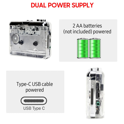 TON010 Portable Cassette Player – Transparent Tape Recorder with USB Cassette-to-MP3 Converter & Music Playback