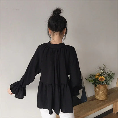2024 Fashion Women’s Lace-Up Shirt – Flare Sleeve O-Collar Loose Blouse for Spring, Summer & Autumn