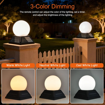 Solar Post Pillar Light - Round Ball Garden Lamp with Remote, Timer, Dimmer and 2400mAh Battery
