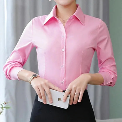 Women’s Solid Button Blouse — Long Sleeve Office Shirt, Elegant Work Top