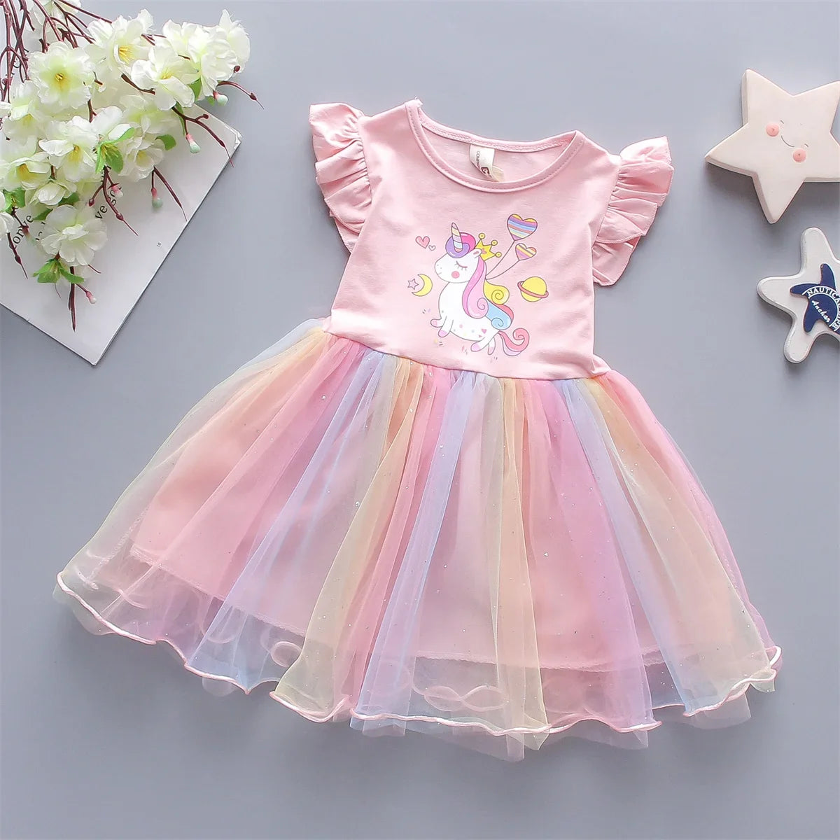 Cute Girls’ Summer Dress - Sleeveless Rainbow Mesh Love Print Casual Dress for 0–3 Years