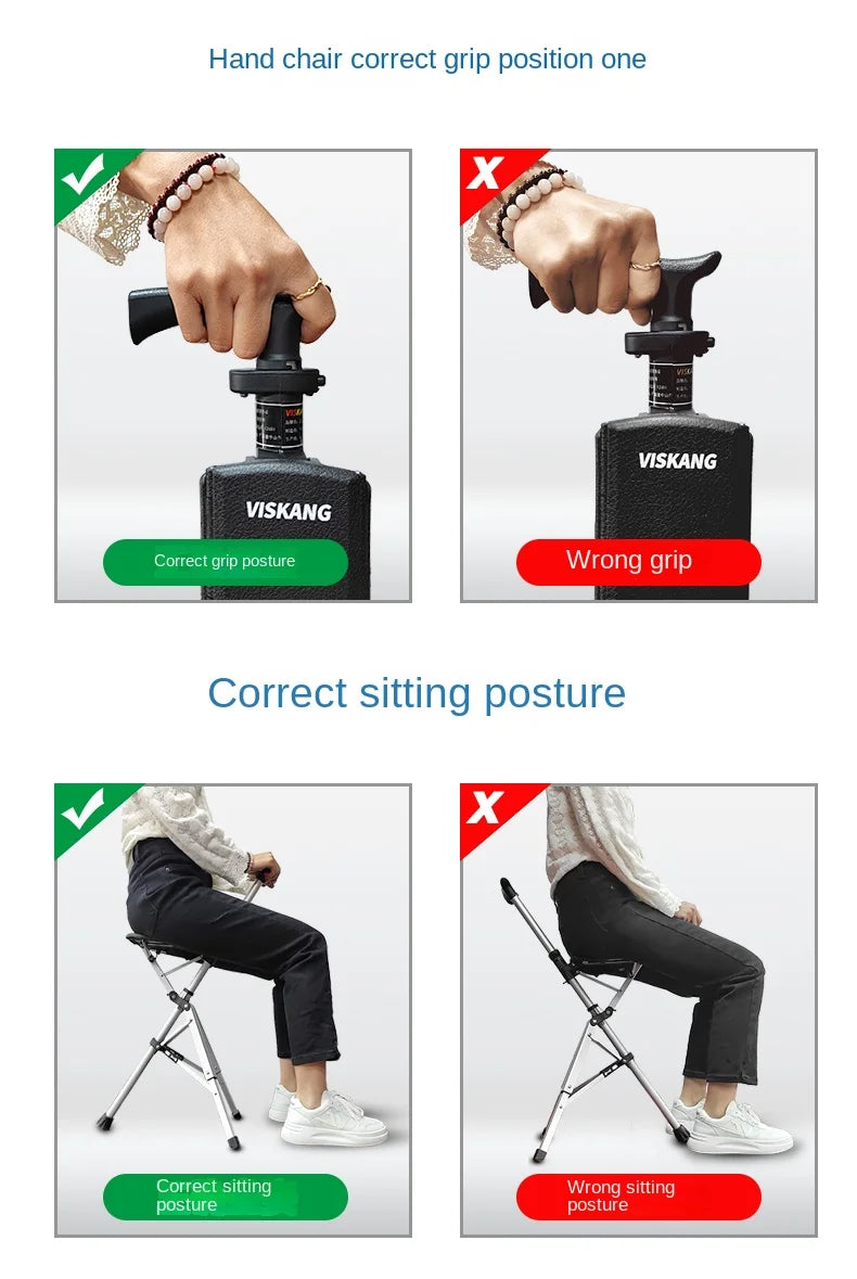 Multi-Functional Non-Slip Walking Stick with Seat – One-Key Foldable Crutch Chair, Triangular Bracing Elderly Hiking Pole Walker
