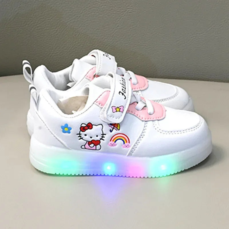 LED Kids Shoes for Girls — Cute Hello Kitty Cartoon Canvas Sneakers, Soft-Bottom Casual Shoes, Baby Girl Kawaii Footwear