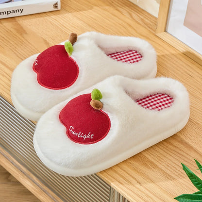 TZLDN Cartoon Plush Slippers – 3D Apple Faux Fur Indoor Slippers for Couples, Warm Winter Cotton Shoes for Women & Men