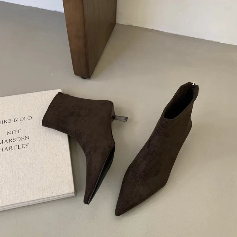SUOJIALUN 2024 Winter New Women’s Short Boots – Fashion Pointed Toe, Elegant Ankle Boots with Thin High Heel Dress Pumps