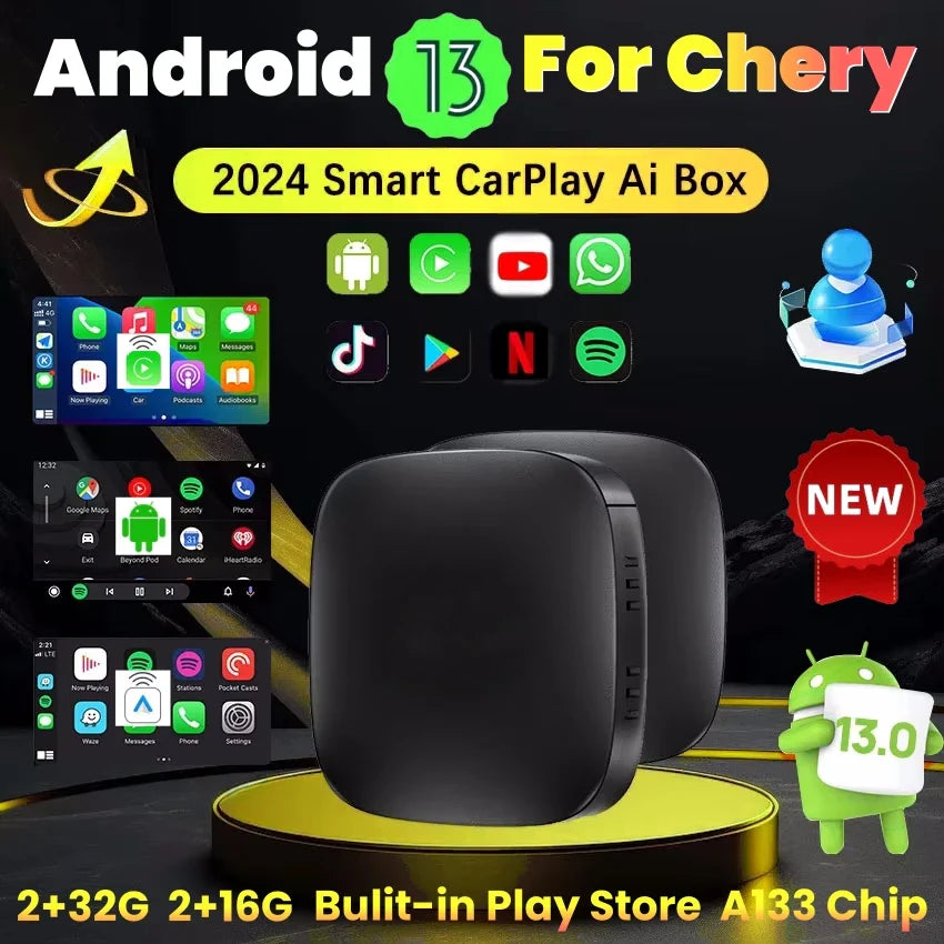 Android 13 Car AI Box — Wireless CarPlay & Android Auto Adapter for Netflix, YouTube, Chery Arrizo 5/7 & Tiggo 3/3X/5X