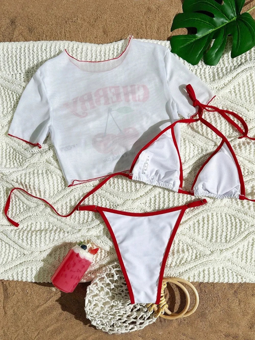 2026 Women’s Printed Mesh Bikini Set – Sexy 3-Piece Split Swimsuit Top Beachwear Swimwear