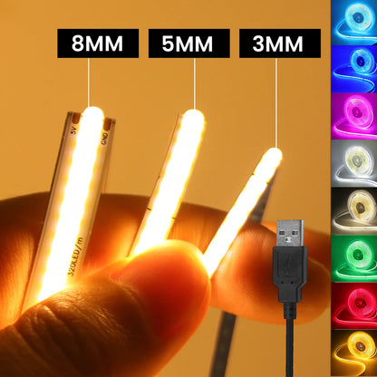 DC 5V USB COB LED Strip Light – Flexible 3mm/5mm/8mm Ribbon Rope in Multiple Colors for TV Backlight & Home Decor