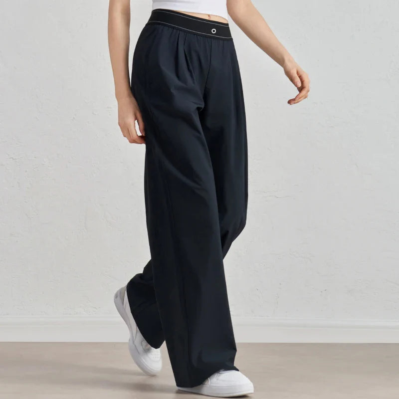Women’s Summer Sports Yoga Pants – Wide Leg, Elastic Waist, Quick-Dry Black Fitness Trousers