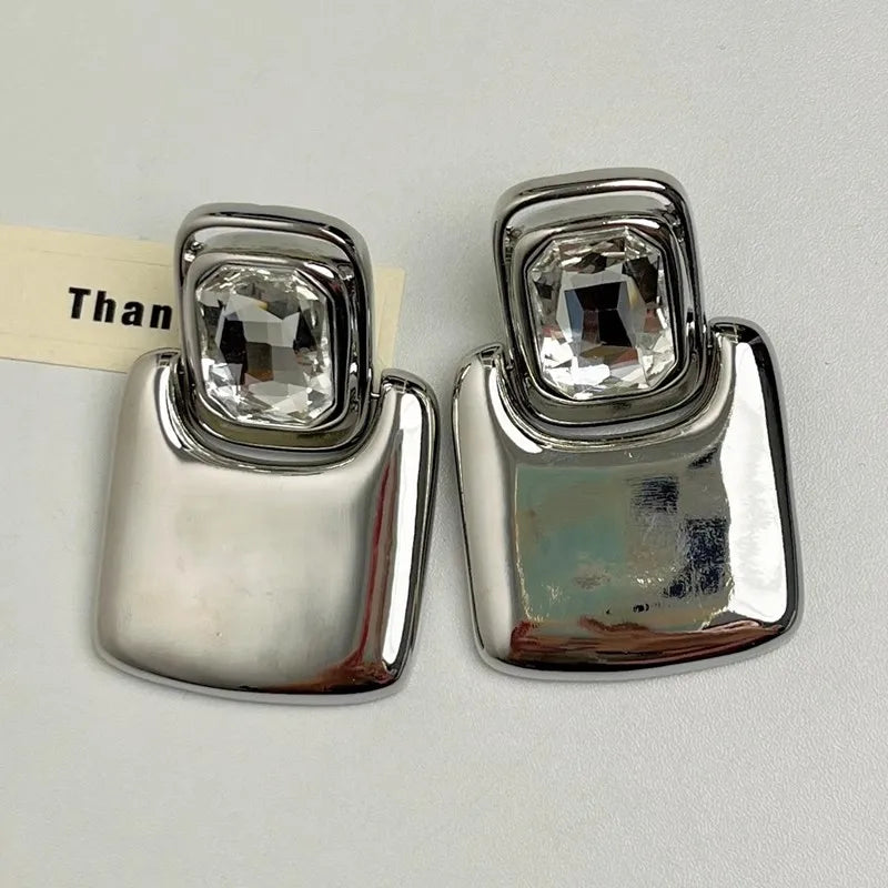 Vintage Large Geometric Crystal Earrings – Exaggerated Metal Statement Jewelry for Women