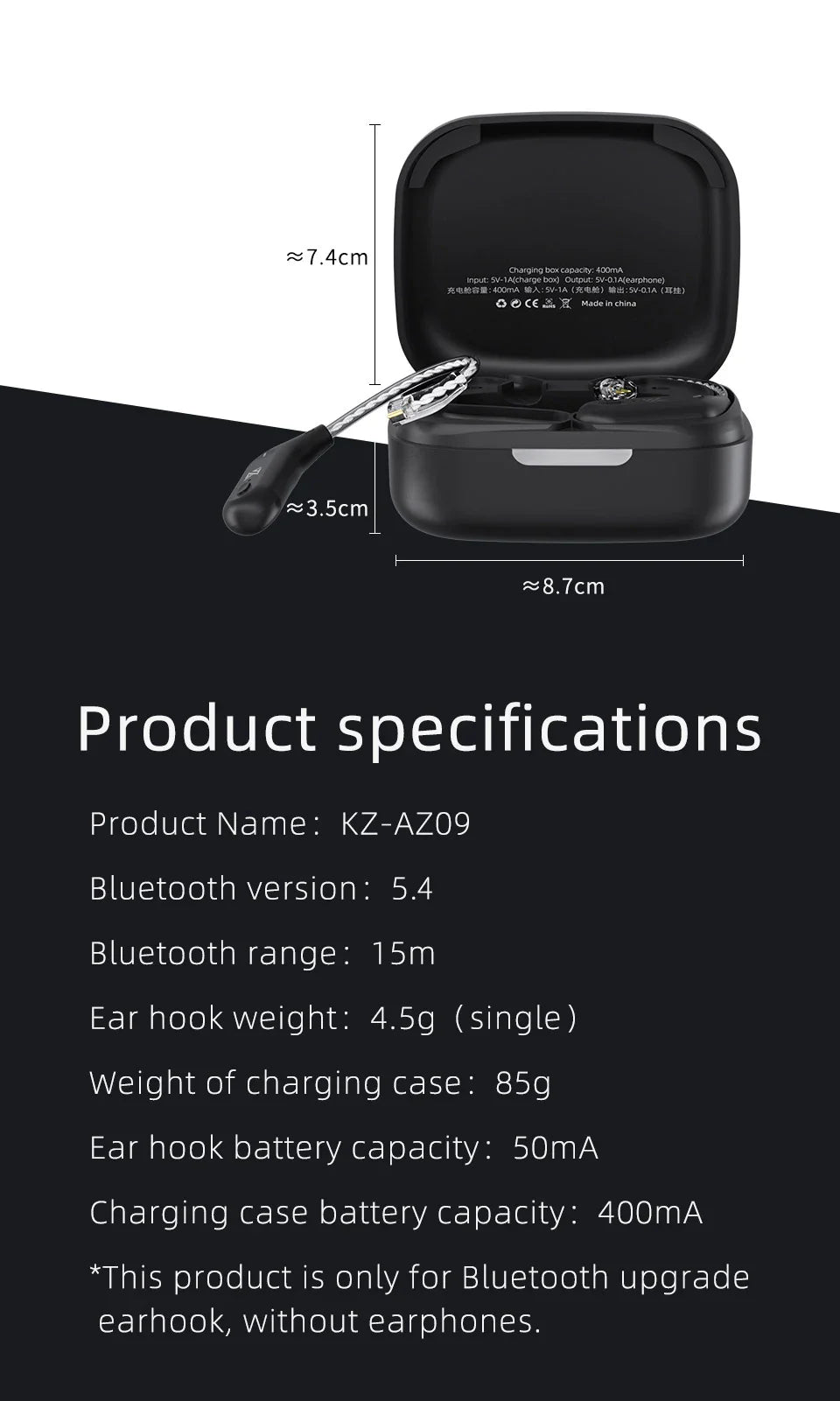 KZ AZ09 HD Bluetooth Earphones – Wireless HIFI Ear Hook Headset with Charging Case, Compatible with KZ EDXPRO ZSNPRO ZS10PRO