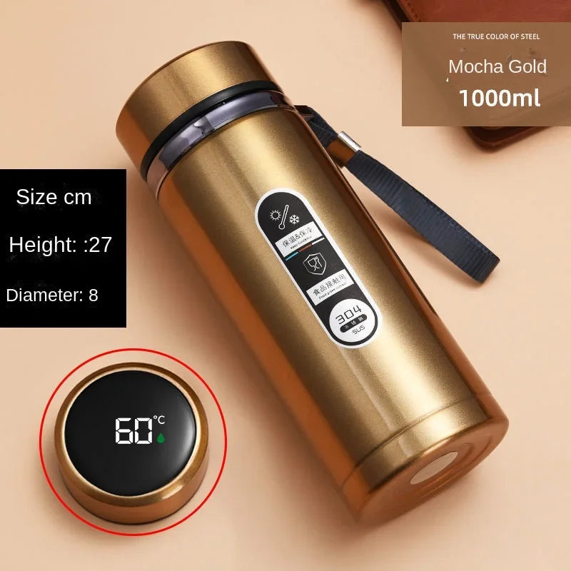 800ml-1L Stainless Steel Thermos Bottle — 304 Vacuum Tea Bottle with LED Temperature Display, Portable Drinking Cup