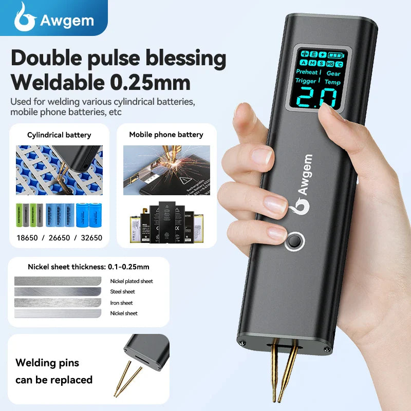 Awgem Portable Handheld Spot Welder – DIY Adjustable 99-Gear Welding Machine for 18650 Lithium Batteries