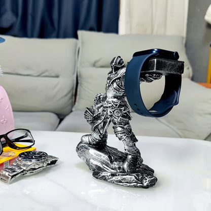 Apple Watch Charging Dock Stand – Cartoon Desktop Smartwatch Holder with Black Warrior Figurine Support